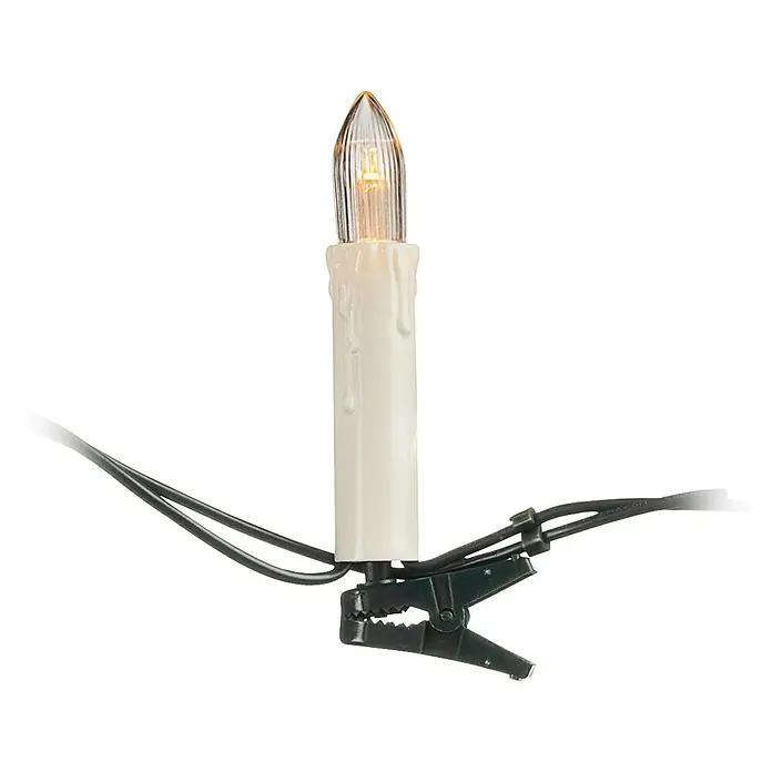 Konstsmide LED-Weihnachtskerzen - 5,3 m, Weiß, Lichtfarbe: Warmweiß, 15 Stk., IP20 - Nahaufnahme einer einzelnen, kabellosen LED-Kerze mit Clip zur Befestigung, ideal für festliche Dekorationen.