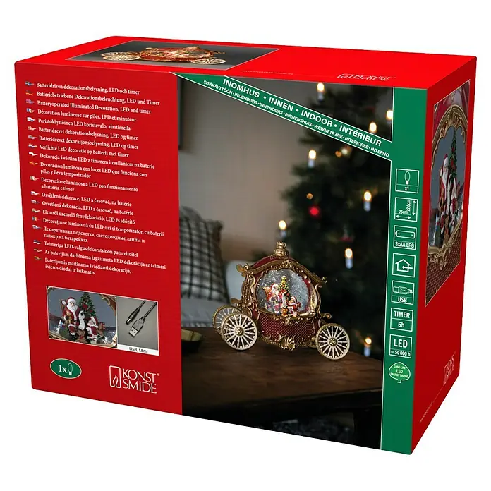 Konstsmide LED-Schneelaterne Kutsche - Innen, Rot, 26 x 11,5 x 22,6 cm, Batteriebetrieben - Verpackung einer weihnachtlichen LED-Dekoration mit Timer. Batteriebetrieben, ideal für den Innenbereich mit warmweißem Licht.