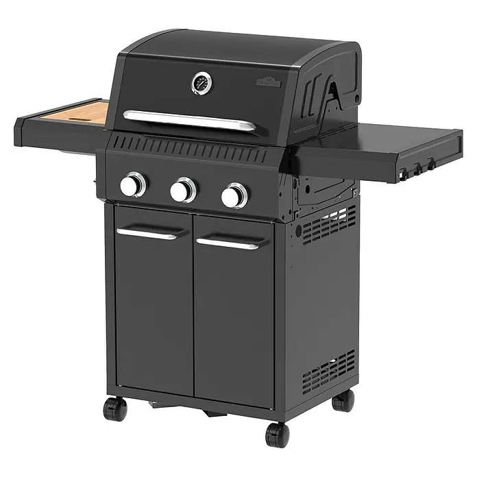 Kingstone Gasgrill Diner 3000 Beast - Grillfläche (B x T): 63,7 x 43 cm, 10,5 kW, Anzahl Brenner: 3 Stk. - Schwarzer Gasgrill mit drei Brennern, Seitenablagen und Unterschrank für den Außenbereich.