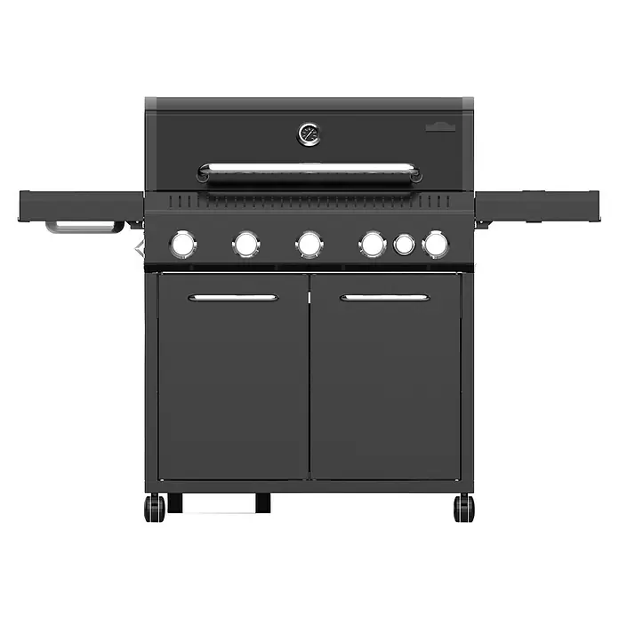 Kingstone Gasgrill Diner 5500 Beast - Grillfläche (B x T): 92 x 43 cm, 17,5 kW, Anzahl Brenner: 5 Stk. - Hier ist ein hochwertiger, schwarzer Gasgrill. Mit Reglern, Ablageflächen und Türen bietet der Grill viel Komfort beim Grillen.