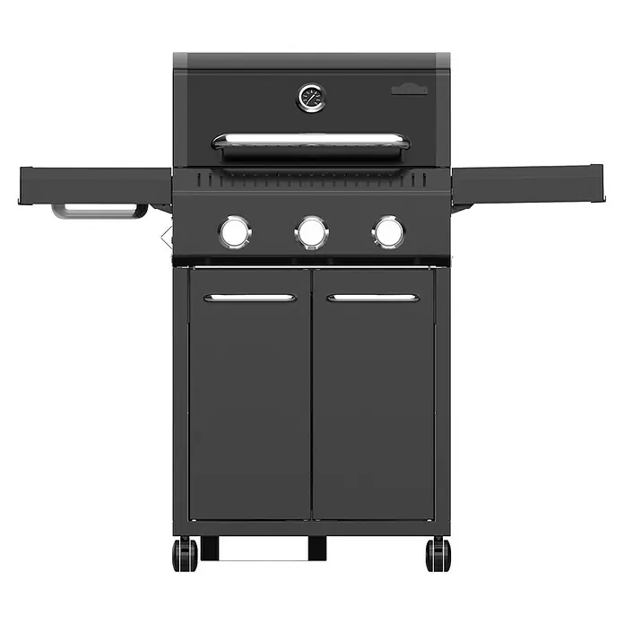 Kingstone Gasgrill Diner 3000 Beast - Grillfläche (B x T): 63,7 x 43 cm, 10,5 kW, Anzahl Brenner: 3 Stk. - Abbildung eines schwarzen Gasgrills mit drei Brennern, zwei Türen und einem Temperaturanzeiger auf schwarzem Hintergrund.