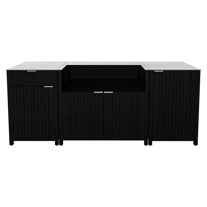 Kingstone Outdoorküche - 6 -tlg., Teakholz, Keramik, Schwarz - Modernes schwarzes Sideboard mit Schubladen und Regalen, ideal für stilvolle Aufbewahrung und Präsentation im Wohnbereich.