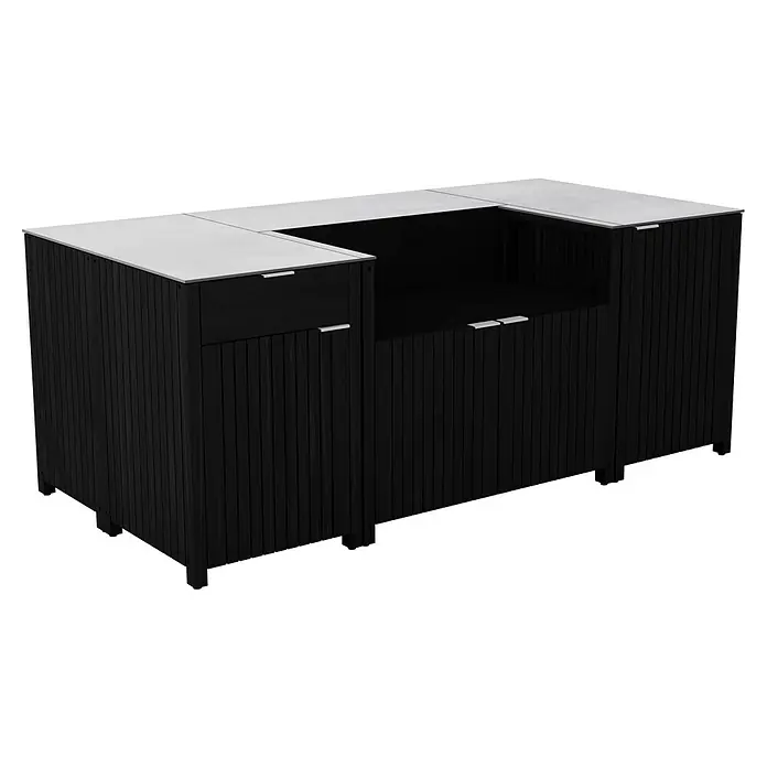 Kingstone Outdoorküche - 6 -tlg., Teakholz, Keramik, Schwarz - Schwarzer Outdoor-Küchenschrank mit Schublade, Fach und Arbeitsplatte aus hellem Metall. Der Schrank ist ideal für den Garten oder die Terrasse.