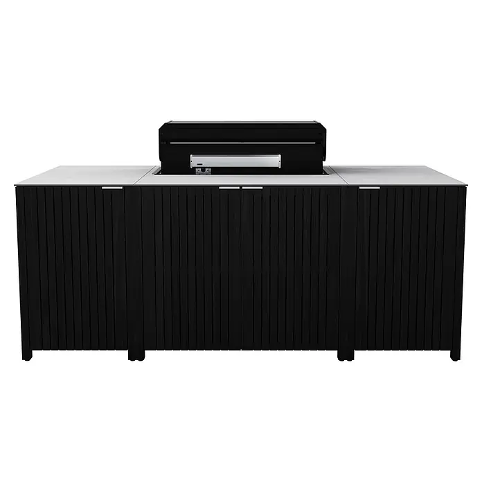 Kingstone Outdoorküche - 6 -tlg., Teakholz, Keramik, Schwarz - Schwarzer Grill mit Arbeitsplatte und passenden Unterschränken für den Außenbereich. Das perfekte Set für Grillabende.