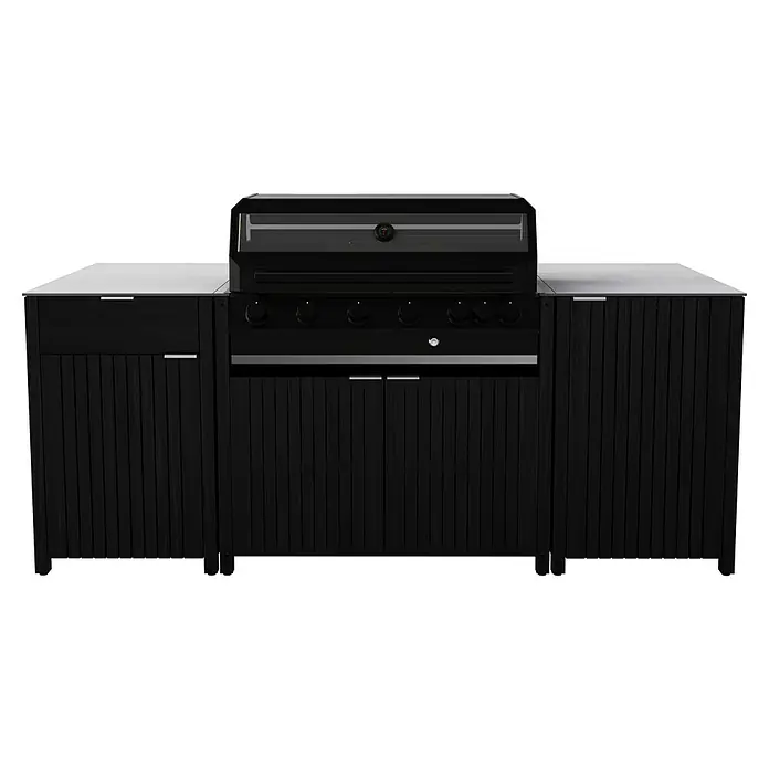 Kingstone Outdoorküche - 6 -tlg., Teakholz, Keramik, Schwarz - Schwarzer Grill mit seitlichen Ablagen und Schränken. Hochwertiger Grill für den Garten oder die Terrasse, ideal für Grillabende.