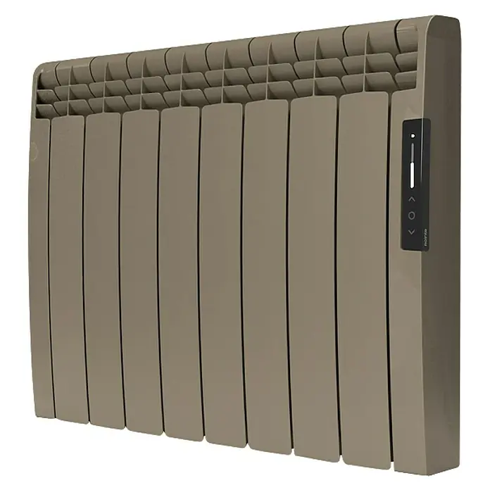 Rointe Emisor térmico Eoniq WiFi - 1.200 W, Marrón, 9,7 x 75 x 58,5 cm, Fluido - Primer plano de un moderno radiador beige con controles digitales, mostrando calidez y confort.