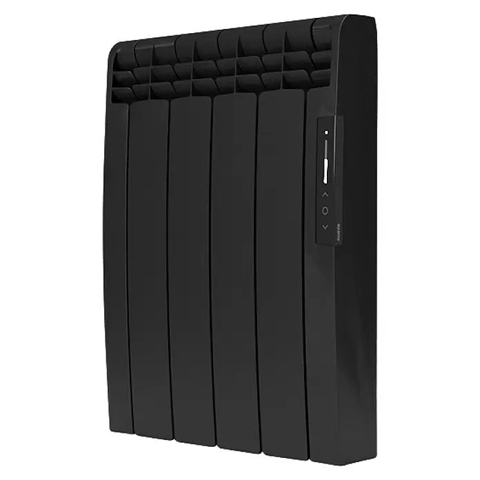 Rointe Emisor térmico Eoniq WiFi - 600 W, Negro, 9,7 x 43 x 58,5 cm, Fluido - Primer plano de un radiador negro con panel de control. El aparato ofrece calefacción eficiente y diseño elegante para espacios modernos.