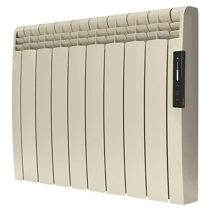 Rointe Emisor térmico Eoniq WiFi - 1.200 W, Beige, 9,7 x 75 x 58,5 cm, Fluido - Un radiador eléctrico color marfil con controles digitales en el lateral, ideal para una temperatura ambiente uniforme.