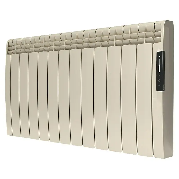 Rointe Emisor térmico Eoniq WiFi - 1.800 W, Beige, 9,7 x 107 x 58,5 cm, Fluido - Primer plano de un radiador beige moderno con controles digitales sujeto a una pared.