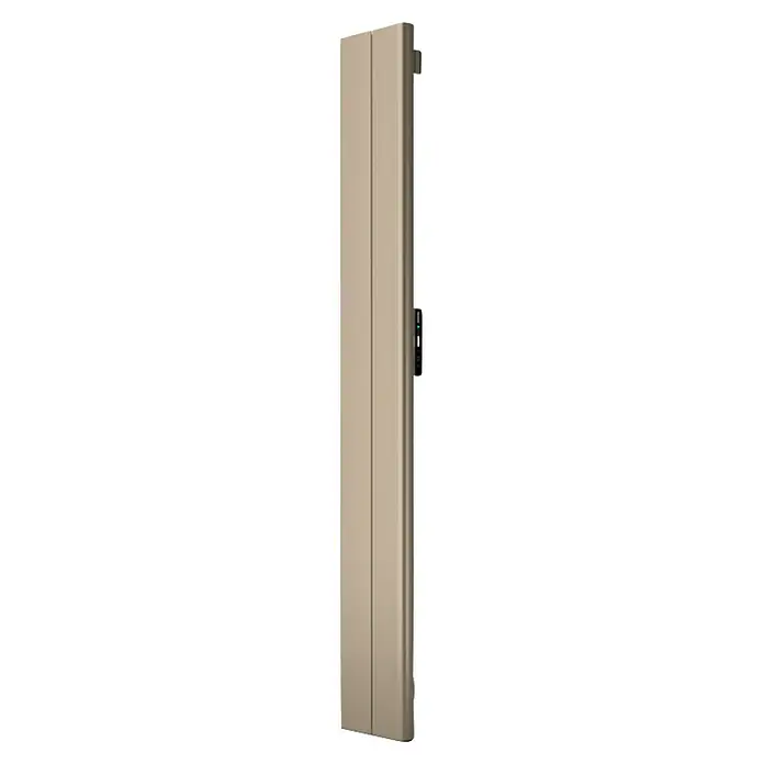 Rointe Emisor térmico vertical WiFi Palaos - 1.000 W, Beige, 4 x 23,6 x 180 cm, Cerámico - Primer plano de un moderno armario gris con cierre electrónico para el almacenamiento seguro de artículos.