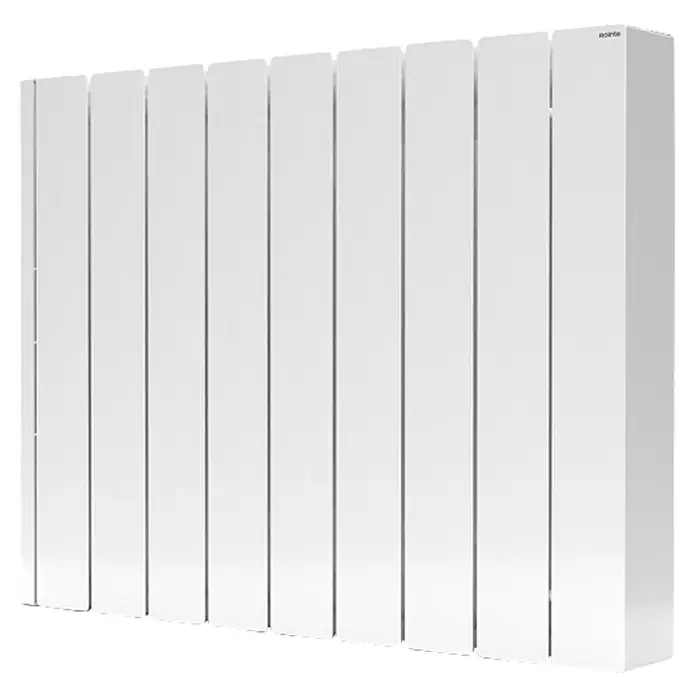 Rointe Emisor térmico Olympia WiFi - 1.200 W, Blanco, 9 x 73,6 x 55 cm, Cerámico - Primer plano de un radiador blanco con muchos paneles sobre un fondo negro.