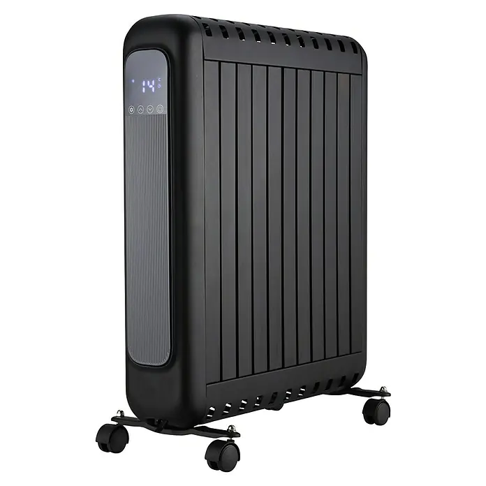 Rointe Radiador eléctrico Style - 1.200 W - 2.400 W, Negro, 14 x 48,5 x 66 cm - Imagen de un radiador eléctrico negro con pantalla digital y ruedas para facilitar el transporte.