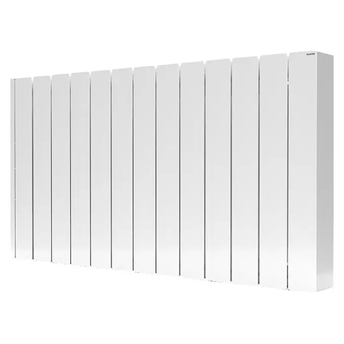 Rointe Emisor térmico Olympia WiFi - 1.800 W, Blanco, 9 x 105,4 x 55 cm, Cerámico - Un radiador blanco con múltiples aletas diseñado para una distribución eficiente del calor en espacios residenciales.