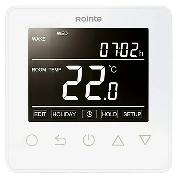 Rointe Termostato digital ST.3 - Programador mecánico - Esta imagen muestra un termostato de ambiente digital Rointe blanco con pantalla de temperatura y varios botones de control.