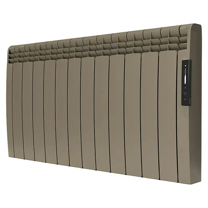 Rointe Emisor térmico Eoniq WiFi - 1.800 W, Marrón, 9,7 x 107 x 58,5 cm, Fluido - Primer plano de un radiador beige moderno con un panel de control en el lateral, que irradia calidez y confort.