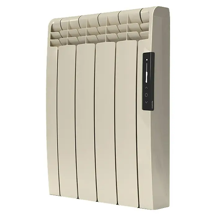 Rointe Emisor térmico Eoniq WiFi - 600 W, Beige, 9,7 x 43 x 58,5 cm, Fluido - Primer plano de un radiador moderno beige con controles digitales, que combina calefacción eficiente con un diseño elegante.