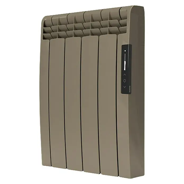 Rointe Emisor térmico Eoniq WiFi - 600 W, Marrón, 9,7 x 43 x 58,5 cm, Fluido - Primer plano de un radiador beige con panel de control, diseñado para una eficiente distribución del calor en la habitación.