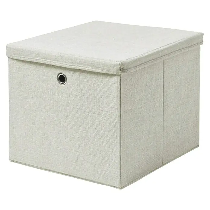Dolle Caja con tapa Softbox - L x An x Al: 385 x 360 x 320 mm, Polipropileno, Beige - Un otomán de tela cuadrado beige con tapa y una abertura de asa, perfecto como caja de almacenamiento o asiento.