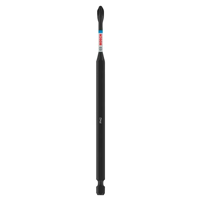 Bosch Punta Impact Control - PH 2, 150 mm - En la imagen se ve una punta de destornillador Bosch negra con la palabra "BOSCH" escrita en rojo sobre una etiqueta blanca.