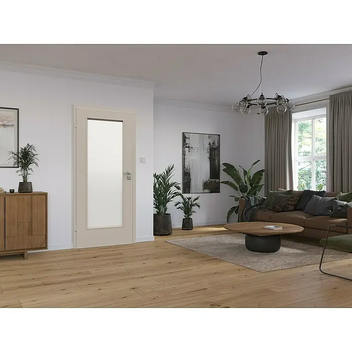 Classen PL Zimmertür Garda - 735 x 1.985 mm, DIN Anschlag: Links, Kaschmir, Röhrenspan - Eine Innentür mit einem hellen Rahmen und einem rechteckigen, lichtdurchlässigen Glaseinsatz, die ein modernes Wohnambiente unterstreicht.