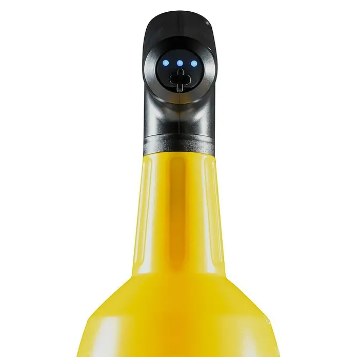Mesto Handsprüher e.FLOWER 3,7 V - Gelb, 1 l - Detailaufnahme eines gelben Gasbrenners mit schwarzem Kopf und blauen LED-Anzeigen, ideal für Präzisionsarbeiten.