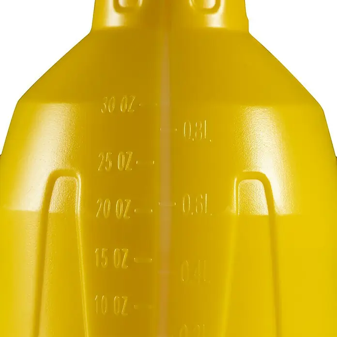 Mesto Handsprüher e.FLOWER 3,7 V - Gelb, 1 l - Nahaufnahme eines gelben Behälters mit Füllstandsanzeigen in Unzen und Litern.