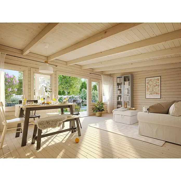 Palmako Caseta de jardín Lisa - Medidas ext. (An x Pr): 578 x 447 cm, Madera, Natural - Interior de casa de madera con mesa de comedor y zona de estar, paneles de madera clara y ventanas grandes para luz natural. Ambiente acogedor con estilo.