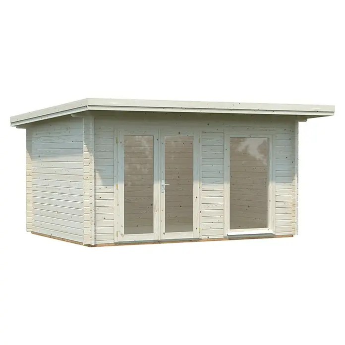 Palmako Caseta de jardín Heidi - Medidas ext. (An x Pr): 478 x 403 cm, Madera, Natural - Esta imagen muestra una caseta de jardín de madera con puertas de vidrio. La caseta de jardín tiene un diseño sencillo y moderno y mucha luz natural.