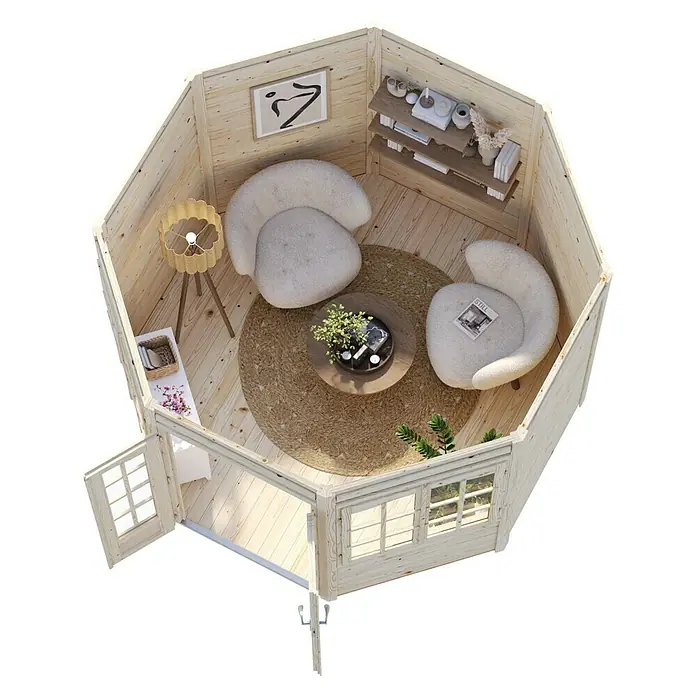 Palmako Caseta de jardín Veronica 2 - Medidas ext. (An x Pr): 359 x 389 cm, Madera, Natural - Una vista superior de una caseta de jardín octogonal y luminosa que muestra su elegante interior y las ventanas espaciosas.