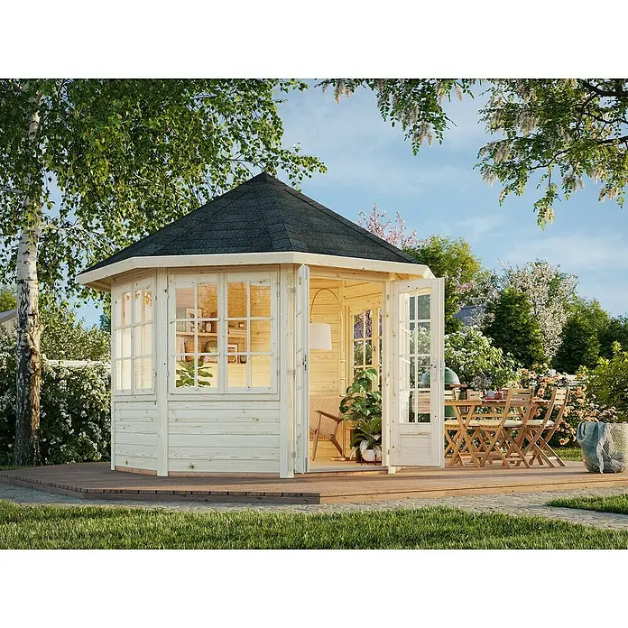 Palmako Caseta de jardín Veronica 4 - Medidas ext. (An x Pr): 359 x 389 cm, Madera, Natural - Elegante cenador de madera con diseño octogonal y techo oscuro, rodeado de exuberante vegetación. Ideal para relajarse al aire libre.