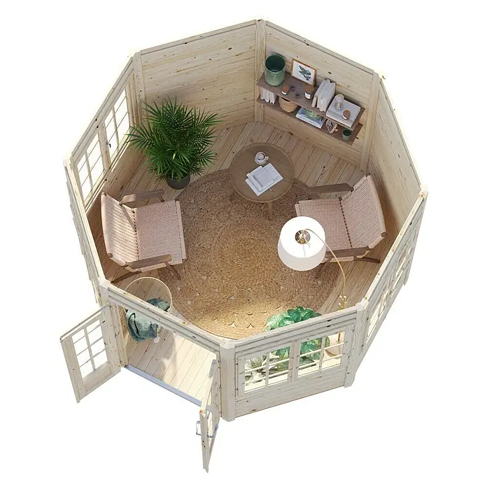 Palmako Caseta de jardín Veronica 4 - Medidas ext. (An x Pr): 359 x 389 cm, Madera, Natural - Vista interior de una caseta de jardín de madera con muebles y decoraciones, creando un ambiente acogedor.