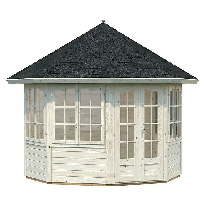 Palmako Caseta de jardín Veronica 4 - Medidas ext. (An x Pr): 359 x 389 cm, Madera, Natural - Elegante caseta de jardín con tejas negras y numerosas ventanas para un ambiente luminoso y acogedor en el jardín.