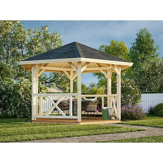 Palmako Pavillon Betty - L x B: 337 x 389 cm, Fichte, Natur - Gartengestaltung mit einem hölzernen Pavillon, der mit Tisch und Stühlen zum Verweilen einlädt und eine entspannte Atmosphäre bietet.