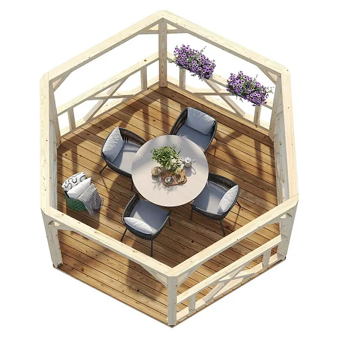 Palmako Pavillon Betty - L x B: 337 x 389 cm, Fichte, Natur - Geräumiges Holzgartenhaus mit Gartenmöbeln, darunter ein runder Tisch, Stühle und Zierpflanzen. Perfekt zum Entspannen im Freien.
