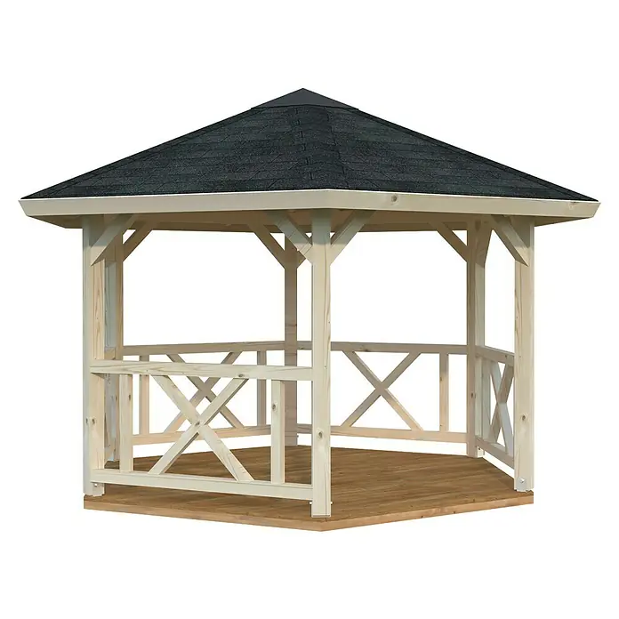 Palmako Pérgola estándar Betty S Hexagonal - L x An: 337 x 389 cm, Abeto rojo, Natural - Elegante gazebo de madera con techo oscuro para el jardín. Gazebo acogedor para horas de relax al aire libre.