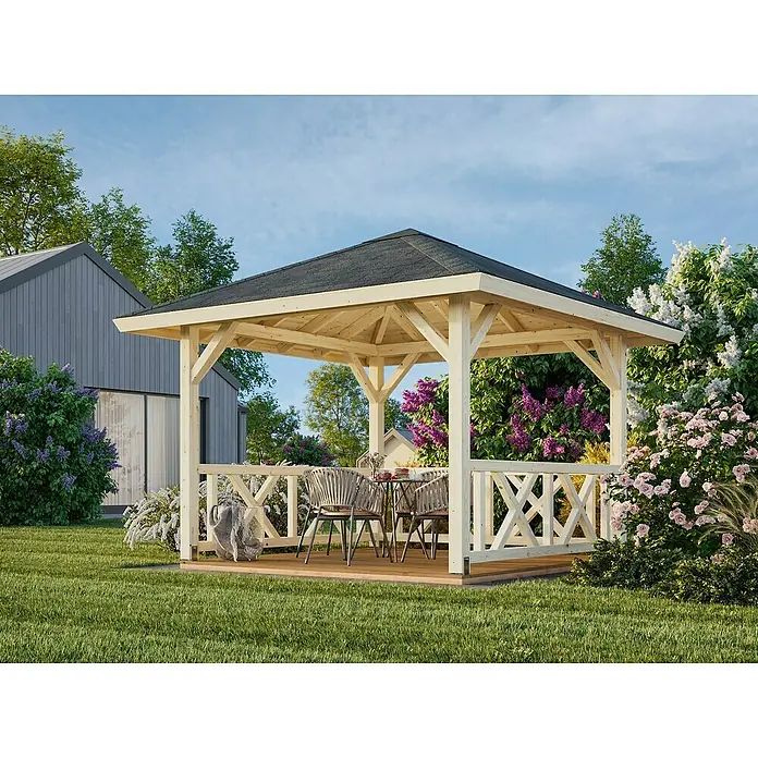 Palmako Pérgola estándar Betty S - L x An: 386 x 386 cm, Abeto rojo, Natural - Una elegante glorieta de madera con techo oscuro se alza en medio de un exuberante jardín, ofreciendo un refugio idílico al aire libre.