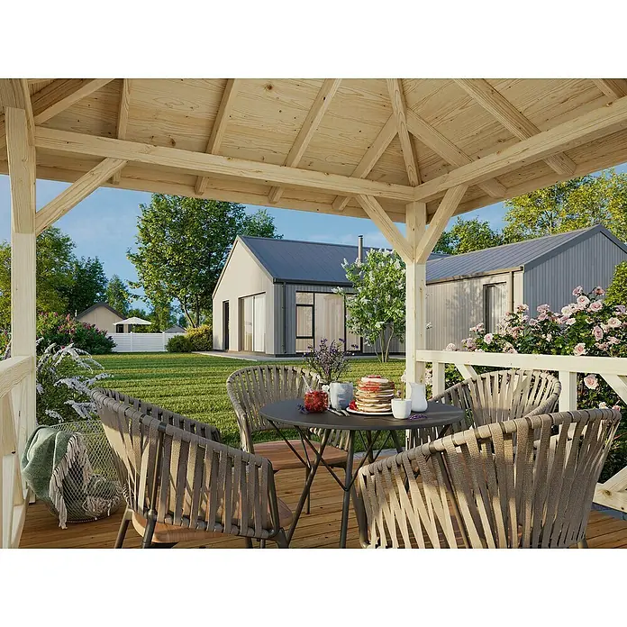 Palmako Pérgola estándar Betty S - L x An: 386 x 386 cm, Abeto rojo, Natural - Acogedora zona de estar al aire libre con mesa y sillas bajo un mirador de madera, ideal para relajarse en el jardín.
