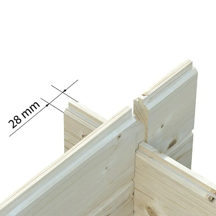 Palmako Caseta de jardín Melanie - Medidas ext. (An x Pr): 599 x 322 cm, Madera, Natural, 20 m² - Primer plano de una estructura de madera, que indica un grosor de 28 mm para la madera. La técnica de conexión de los elementos de madera es claramente visible.