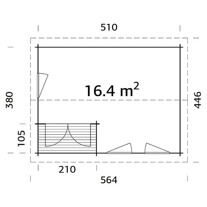 Palmako Caseta de jardín Susanna - Medidas ext. (An x Pr): 564 x 446 cm, Madera, Natural - Plano de la casa con dimensiones 510 x 380 y 564 x 446, incluida el área de 16.4 m².