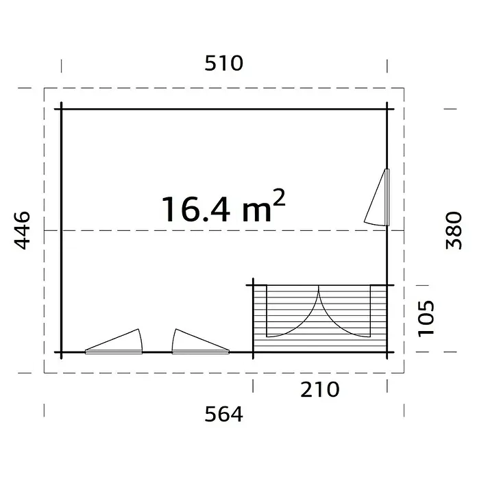 Palmako Caseta de jardín Susanna - Medidas ext. (An x Pr): 564 x 446 cm, Madera, Natural - Plano de planta del producto con dimensiones detalladas y un área destacada de 16,4 m².