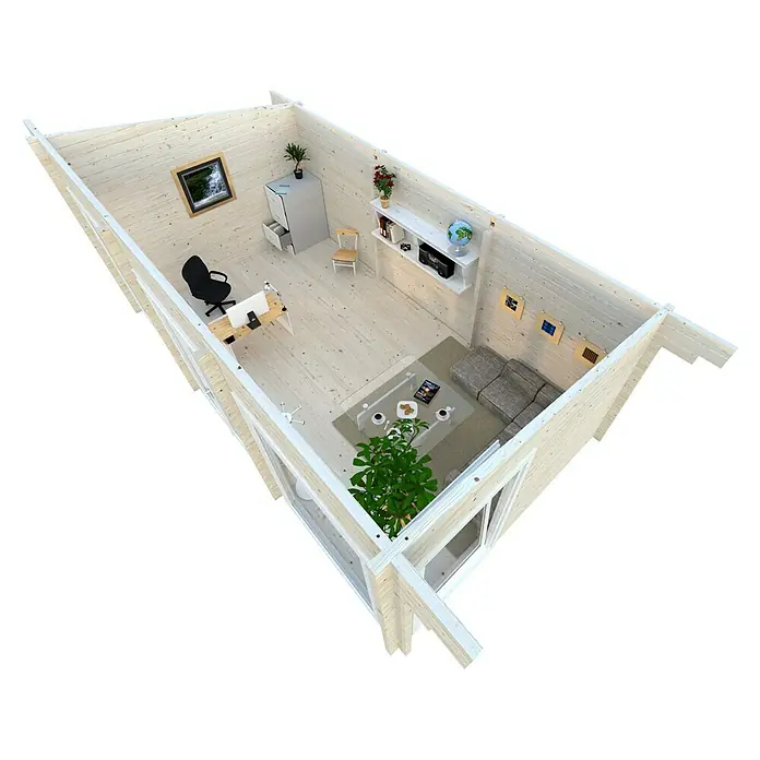 Palmako Caseta de jardín Heidi - Medidas ext. (An x Pr): 748 x 483 cm, Madera, Natural - Vista interior de una casa de madera con zona de oficina, rincón de estar y estanterías, mostrando un diseño acogedor y funcional.