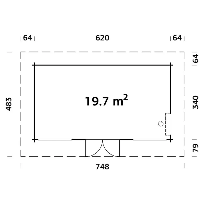 Palmako Gartenhaus Heidi - Außenmaß inkl. Dachüberstand (B x T): 748 x 483 cm, Holz, Natur - Grundrisszeichnung eines Hauses mit Maßangaben und einer Fläche von 19,7 m². Enthält auch Angaben zu Tür- und Fensterpositionen.