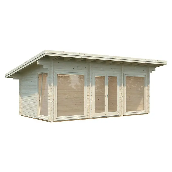 Palmako Gartenhaus Heidi - Außenmaß inkl. Dachüberstand (B x T): 748 x 483 cm, Holz, Natur - Das Bild zeigt ein helles Holzgartenhaus mit großen Fenstern und Doppeltür, ideal für zusätzlichen Wohnraum im Freien.