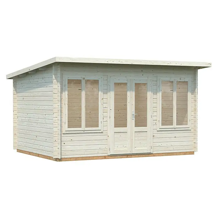 Palmako Caseta de jardín Lisa - Medidas ext. (An x Pr): 440 x 366 cm, Madera, Natural - Caseta de jardín de madera con puertas dobles y ventanas, ideal para el jardín o como espacio habitable adicional. La caseta es de madera clara.