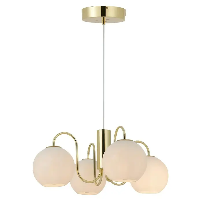 Nordlux Lámpara colgante Franca - 160 W, Blanco, E14 - Elegante lámpara colgante dorada con cuatro pantallas redondas blancas, que emiten una luz cálida y acogedora.