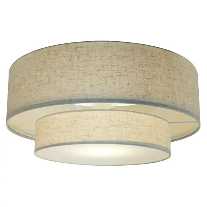 Nordlux Plafón redondo Malodin - 40 W, Ø x Al: 50 x 22 cm, Beige, E27 - Primer plano de una lámpara de techo de tela de dos niveles con pantallas beige, que crea una iluminación ambiental cálida y acogedora.