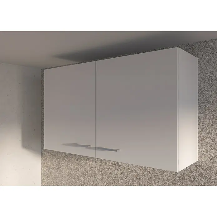 Stolarz-Lempert Küchen-Hängeschrank Basic - 30,6 x 100 x 58 cm, Weiß - Dieser Artikel zeigt einen modernen, weißen Hängeschrank mit zwei Türen und schlichten, silberfarbenen Griffen, der eine stilvolle Aufbewahrungslösung bietet.