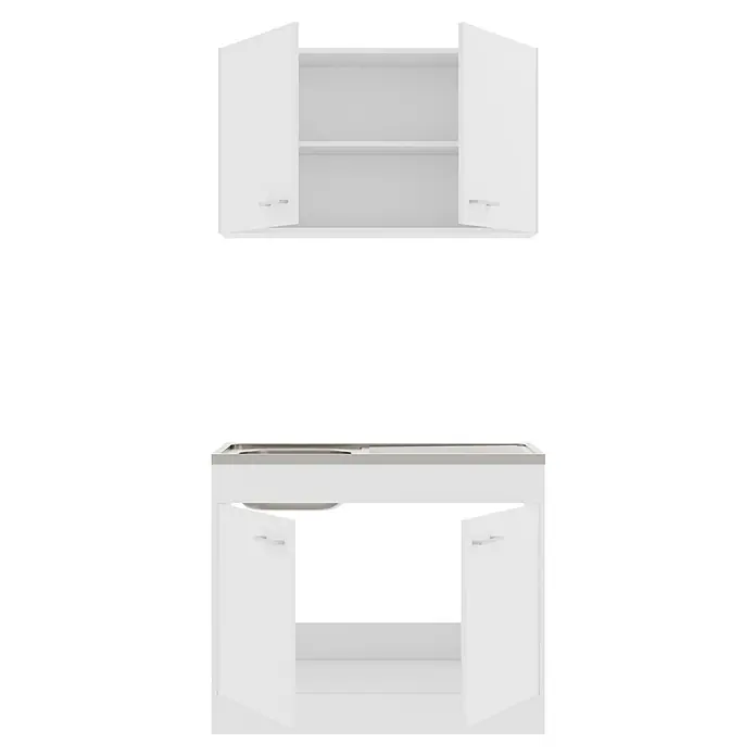 Stolarz-Lempert Spülenunterschrank Basic - 50 x 100 x 84 cm, Weiß - Dieses Bild zeigt einen weißen Küchenschrank mit geöffneten Türen, sowohl oben als auch unten. Der Schrank bietet viel Stauraum.