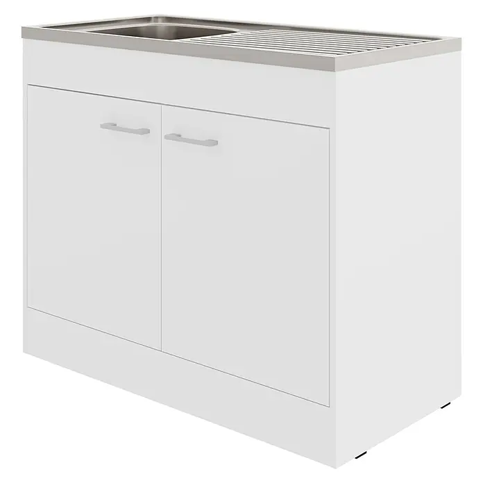 Stolarz-Lempert Spülenunterschrank Basic - 50 x 100 x 84 cm, Weiß - Waschbeckenunterschrank in Weiß mit zwei Türen und einer Arbeitsplatte aus Edelstahl. Praktisch und stilvoll für jedes Badezimmer.