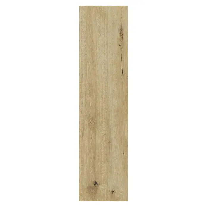 Feinsteinzeugfliese Essenza - 30 x 120 cm, Caldo, Matt - Detailaufnahme eines Holzdielenmusters in warmen Brauntönen mit markanter Maserung und Astlöchern.